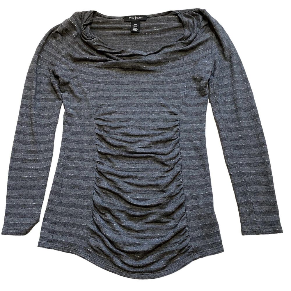 White House/Black Market Gray Metallic Striped Shirred Front Cowl Neck Sz XXS
